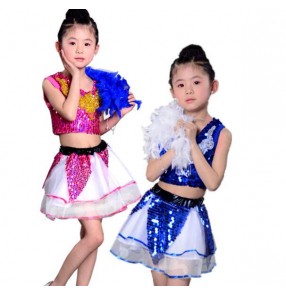 Royal blue fuchsia sequined patchwork split set girls kids children kids child toddlers modern dance stage performance jazz dance outfits costumes dresses
